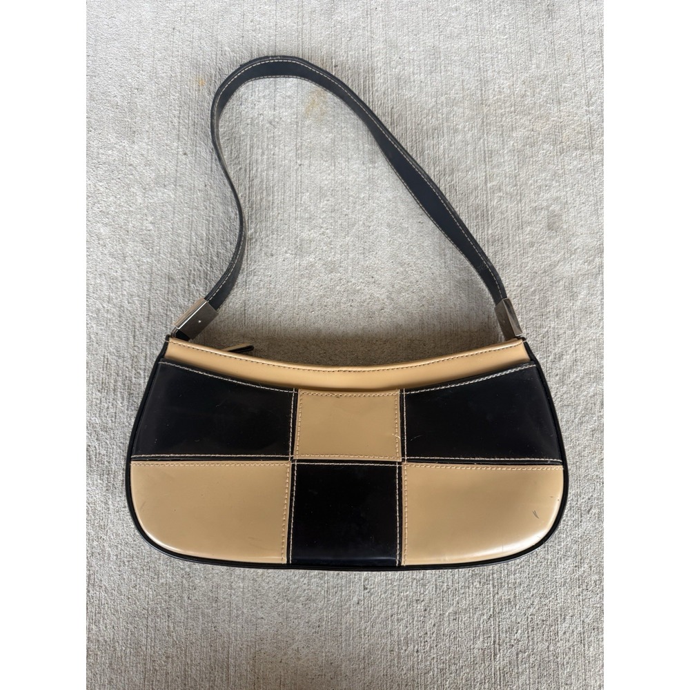 Vintage Y2K Black Tan Checkered Baguette Shoulder Bag Faux Leather Small Purse